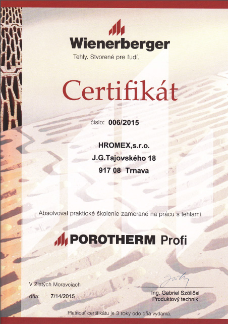 Certifikt Porotherm pre fy Hromex 1.as