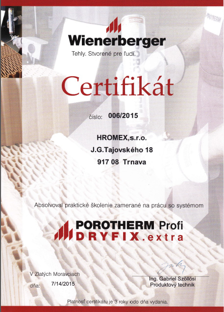 Certifik�t Porotherm pre fy Hromex 2.�as�